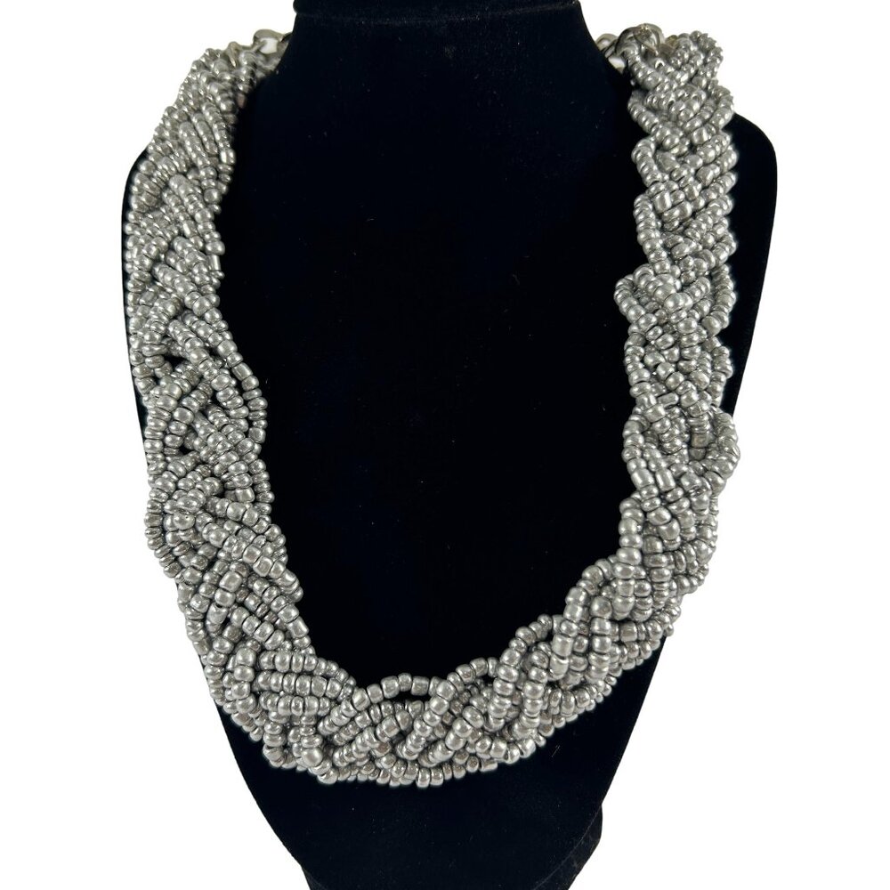 Silver Tone Beaded Multi Strand Braided Necklace Choker Style 20.5" Long
